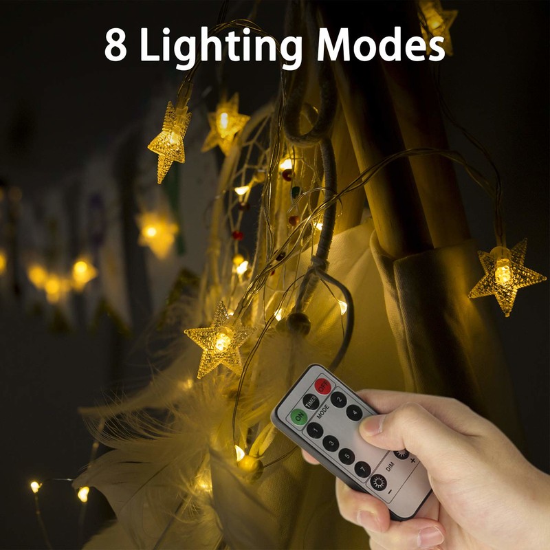 Luci stringa, luci a forma di stella Rymbo 34ft Indoor / Outdoor LED luci scintillio bianco caldo e cavo a stringa USB alimentato e trasparente e adattatore remoto