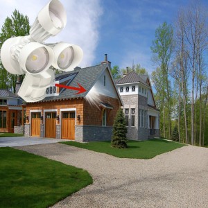 Illuminazione di sicurezza per esterni a LED con sensore di movimento, 30W, 3 testine, bianco, luce di movimento