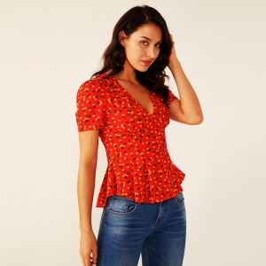 Camicia da donna con stampa floreale plissettata arricciata rossa Deep V Summer