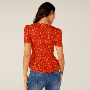 Camicia da donna con stampa floreale plissettata arricciata rossa Deep V Summer