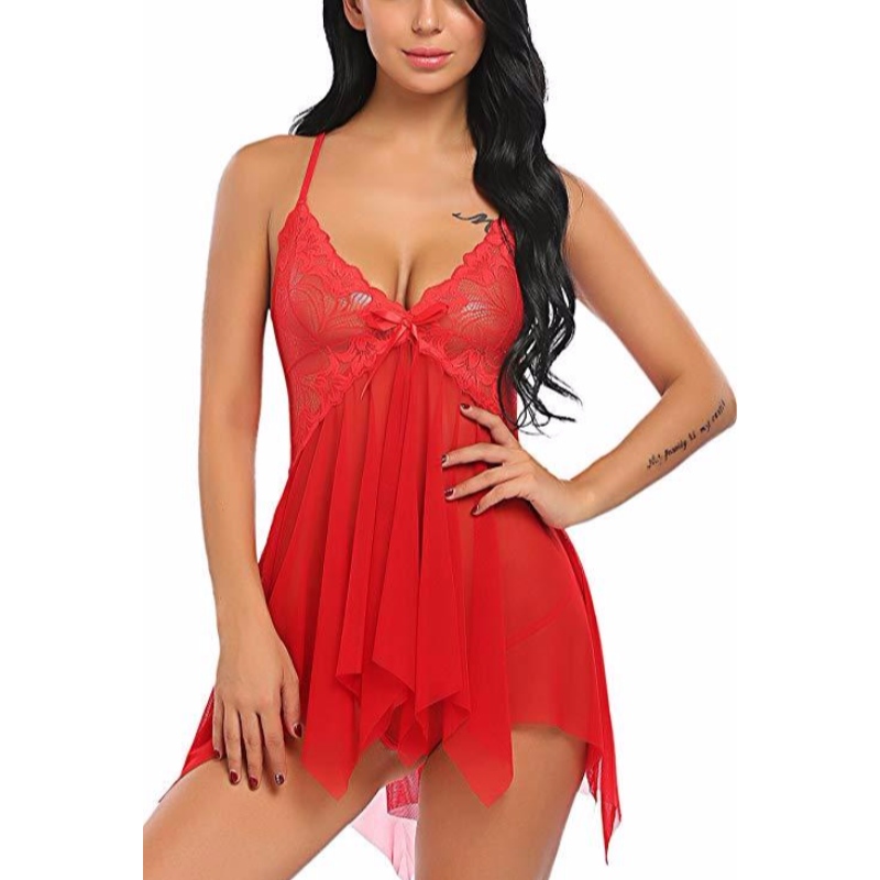 Lingerie da donna Babydoll in pizzo Scollo a V Cinturino da notte Chemise rose-team