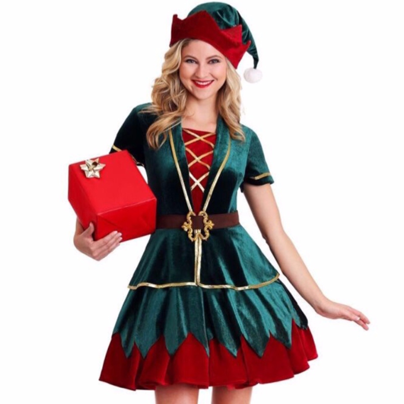 4pcs Deluxe festa natalizia di Natale Velvet Mini Dress Costume con cappello