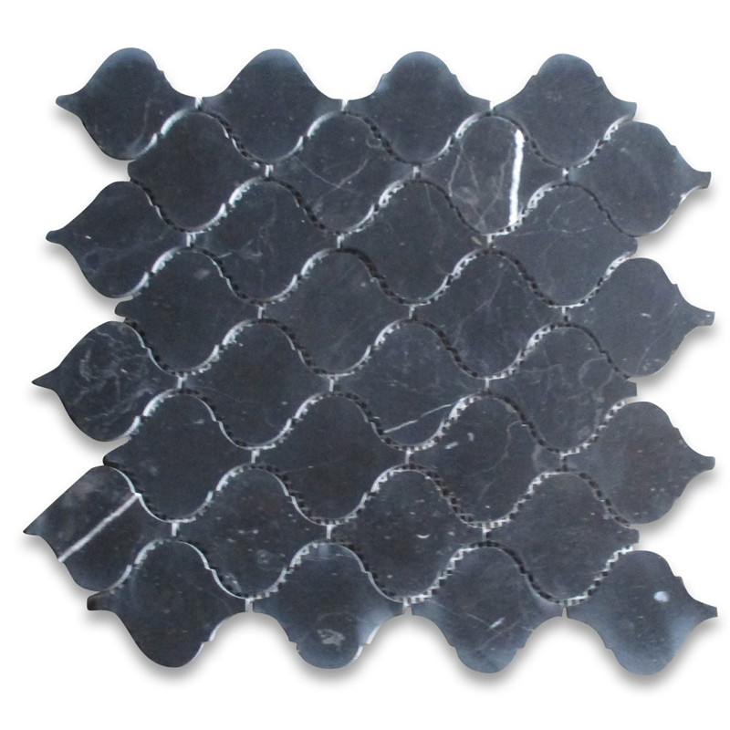 Piastrella mosaico in marmo nero nero marquina 1x2 a pois bianchi levigati