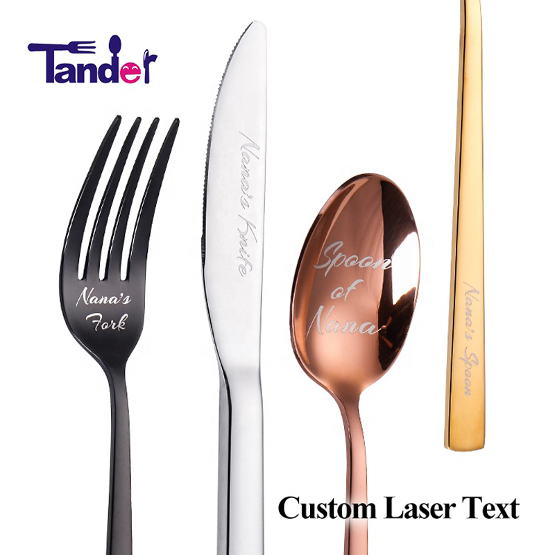 Custom Laser il tuo nome Logo Testo in acciaio inossidabile Set Knife Fork Spoon