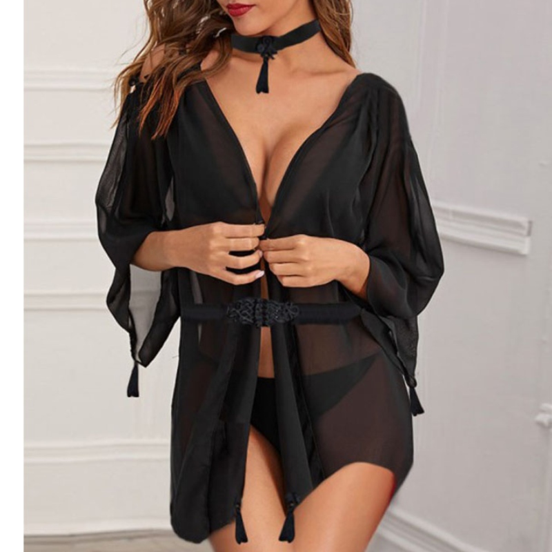 body lingerie sexy, lingerie sexy chaude trasparente, lingerie sexy donna Sexy trasparente a maniche lunghe in chiffon con bordi irregolari Camicia da notte sottile con perizoma