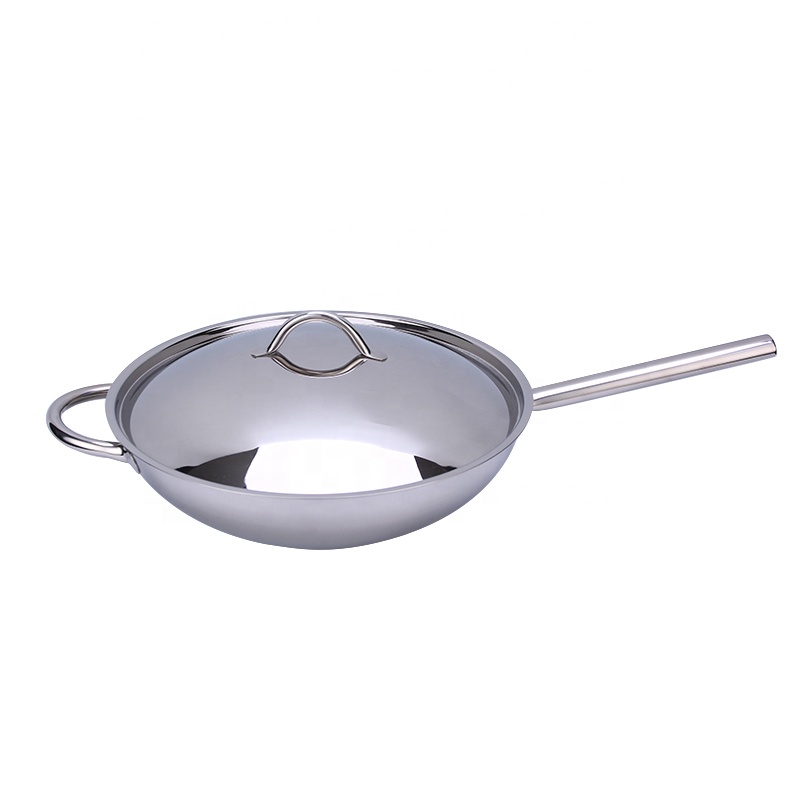 wok in acciaio inox con coperchio e manico lungo