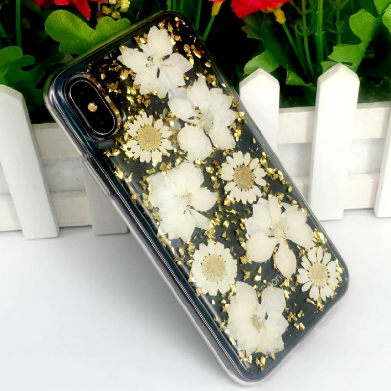 Cover iPhone diretta del produttore con lamina d'oro goccia adesivo vero fiore secco in rilievo TPU goffrato custodia trasparente mela