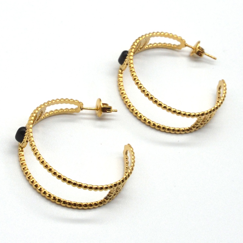Orecchini a cerchio in oro, orecchini a cerchio a forma di C, agata nera, orecchie sensibili femminili, gioielli ipoallergenici, fabbrica di lavorazione di gioielli in Cina Ruifanbao