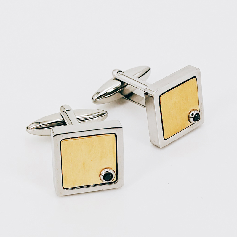 Gemelli da uomo in acciaio inossidabile placcato oro bicolore con pietra CZ nera