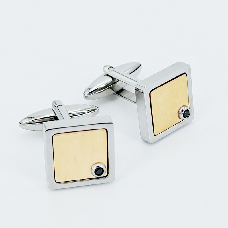 Gemelli da uomo in acciaio inossidabile placcato oro bicolore con pietra CZ nera