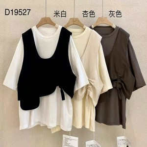 Design ampio Stile minimalista colletto tondo Stile manica cucita Casual Cotone tinta unita e lino oversize personalizzati 19527 T-shirt + Gilet