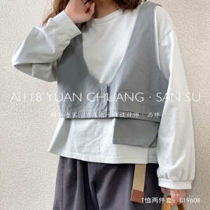 Design flessibile Minimalist Round Collar stile maniche Stitugiato stile Cassual Solid color cotone e lino sovradimensionato personalizzato 19608 T-shirt + Waistcoas