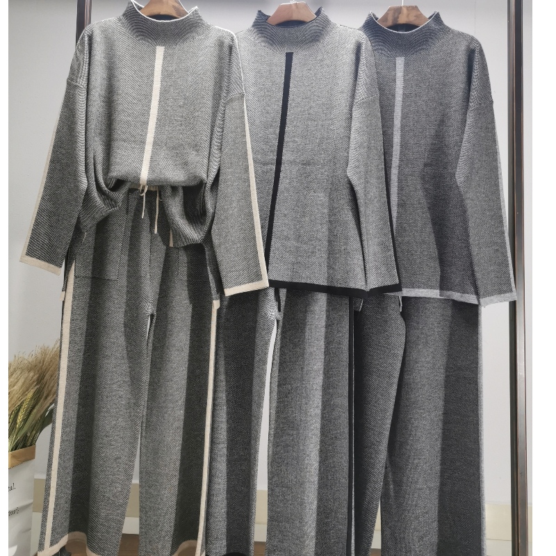Biancheria di lana semplice casual alla moda a maglia due pezzi con un colletto di linea Set 69055#