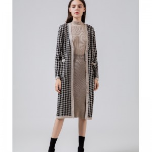 Alla moda casual Joker QanyBirdCheck Wool Wool Waver Long Cardigan Coat 69069#