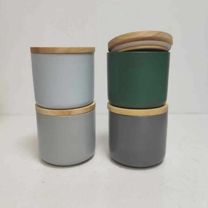 Commercio all'ingrosso piccolo round con coperchio in legno ceramica stoneware stoccaggio deposito lavativo