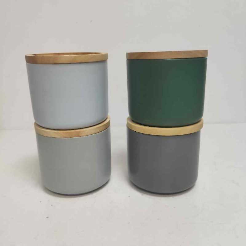Commercio all'ingrosso piccolo round con coperchio in legno ceramica stoneware stoccaggio deposito lavativo