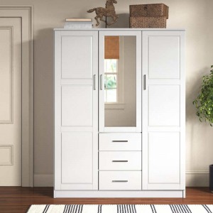 MWD22008-Solid famiglia legno guardaroba/closet/closet, 3 porte armadio con specchio e 3 cassetti, bianco.