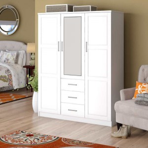 MWD22008-Solid famiglia legno guardaroba/closet/closet, 3 porte armadio con specchio e 3 cassetti, bianco.