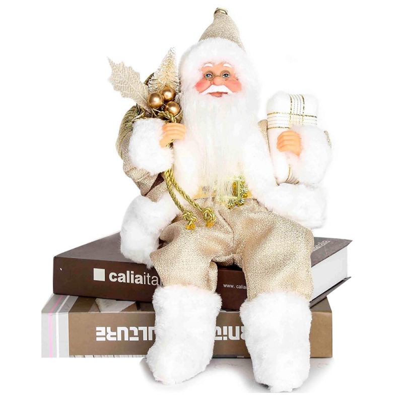 12 pollici seduta dorata Babbo Natale figurina con sacchetto regalo foglie e scatola indossando scarpe bianche decorazione di festanatale
