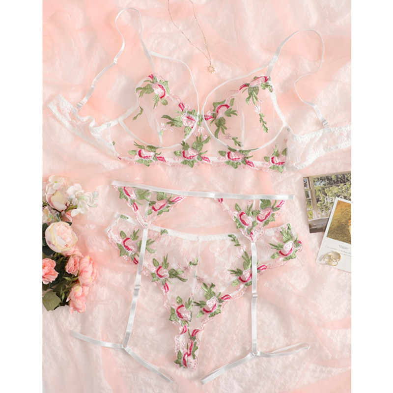Set di lingerie di garrista di ricamo floreale a maglie
