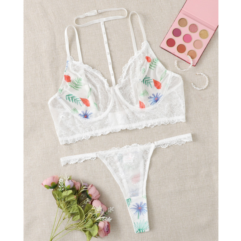 Imbracatura a pizzo floreale set di lingerie con perizoma