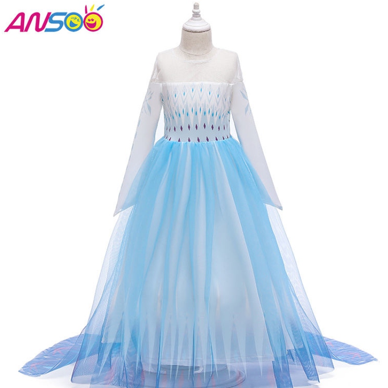 ANSOO Snow Queen 2 Cosplay Girls Dress Summer Cash Cash Mesh Princess Party Performance Costume 4-12 anni Abiti per bambini Elsa