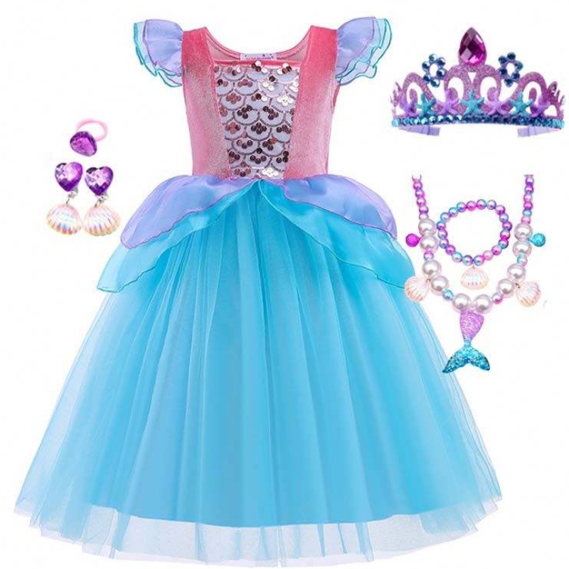 2022 Vendite migliori Halloween Bambino Pauli di paillettes Ariel Blue Dress Costume HCMM-012