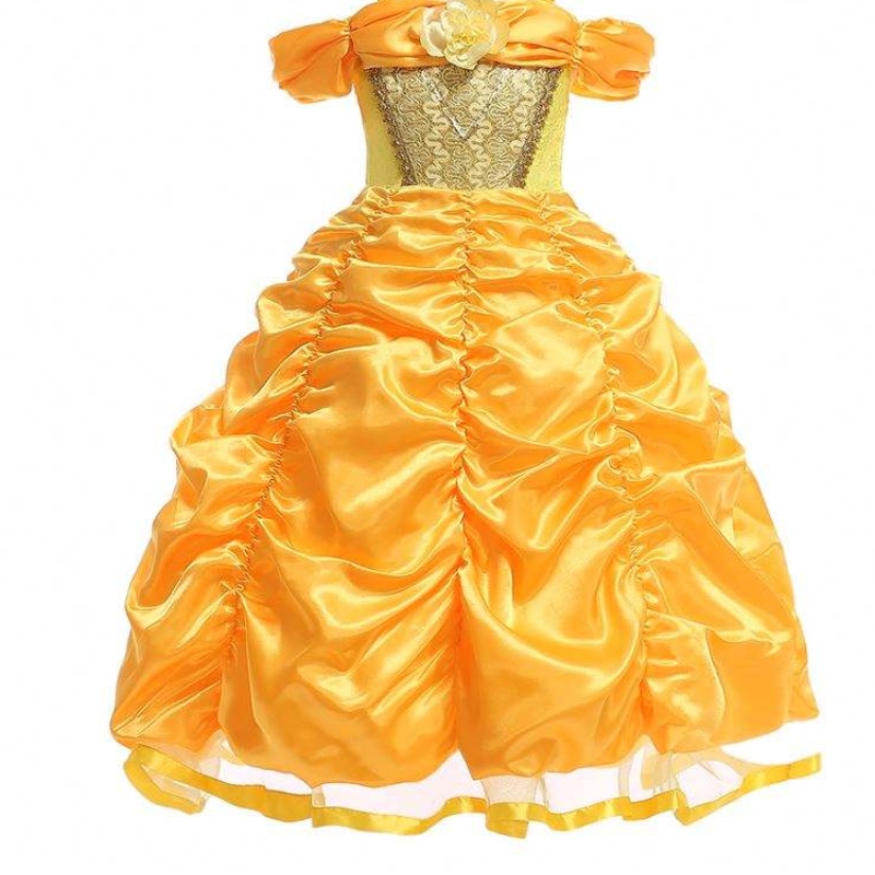 Baige Nuovo design per bambini Costume Girls Dress Nomi con immagini Abito giallo gonfio principessa Belle Smr023