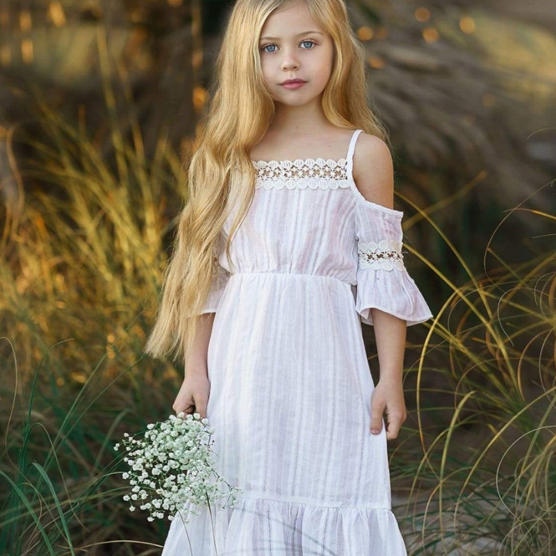 Bambini Summer Off-Shoulder Girls Dress Bianco Rosa Ruffle Beach Dresses Bambini Principessa Bridesmaid Wedding Pageant per Flower Gir