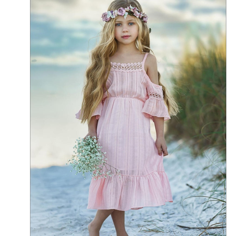 Bambini Summer Off-Shoulder Girls Dress Bianco Rosa Ruffle Beach Dresses Bambini Principessa Bridesmaid Wedding Pageant per Flower Gir