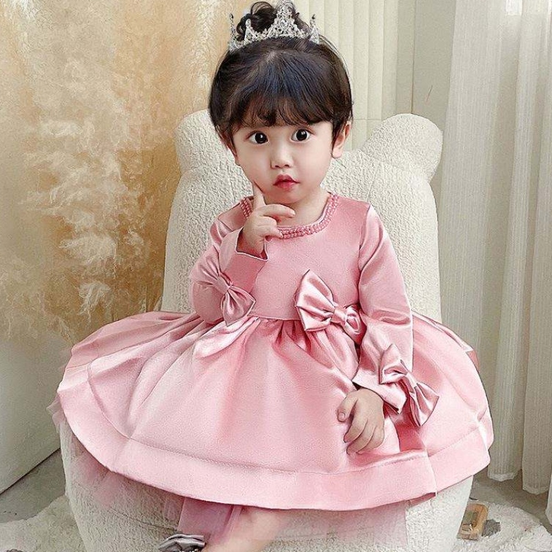 Baige Long Maniche Flower Girl Dress Big Bow 1-6 anni Abbigliamento per bambini Design 9105