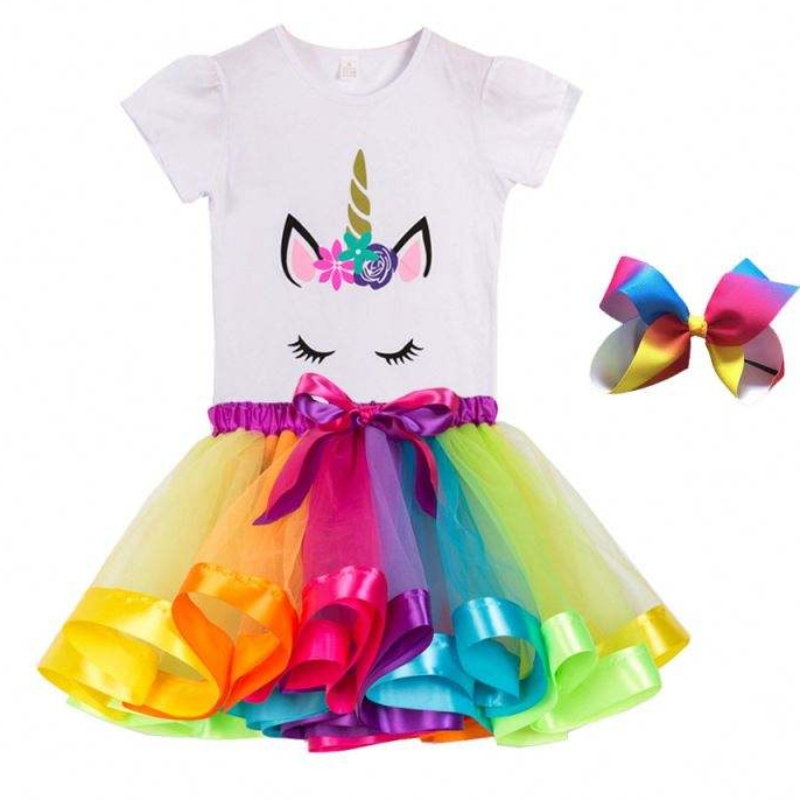 Colorato T-Shirt + Vestito Festa di Compleanno Costume Estate Cotone Unicorno Abito DJS075