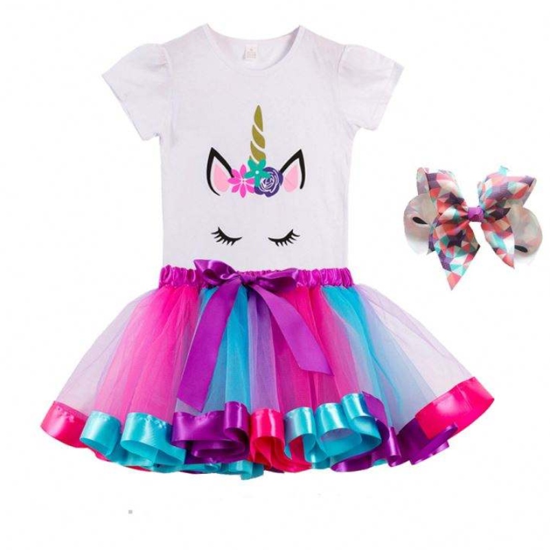 Colorato T-Shirt + Vestito Festa di Compleanno Costume Estate Cotone Unicorno Abito DJS075