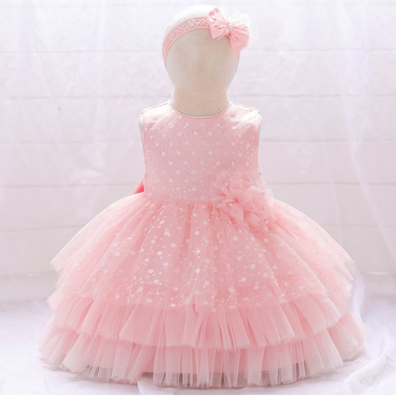 Baige Amazon Hot Sale Flower Girl Abito per bambini Besaggio Birthday Full Month Abito con fascia per la testa