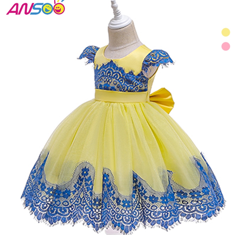 ANSOO BAMBINA BAMBINI SULLA SULLA SULLA RETRO Abito giallo Retro Bambini Principessa Bow Summer Abiti rosa per ragazze per ragazze