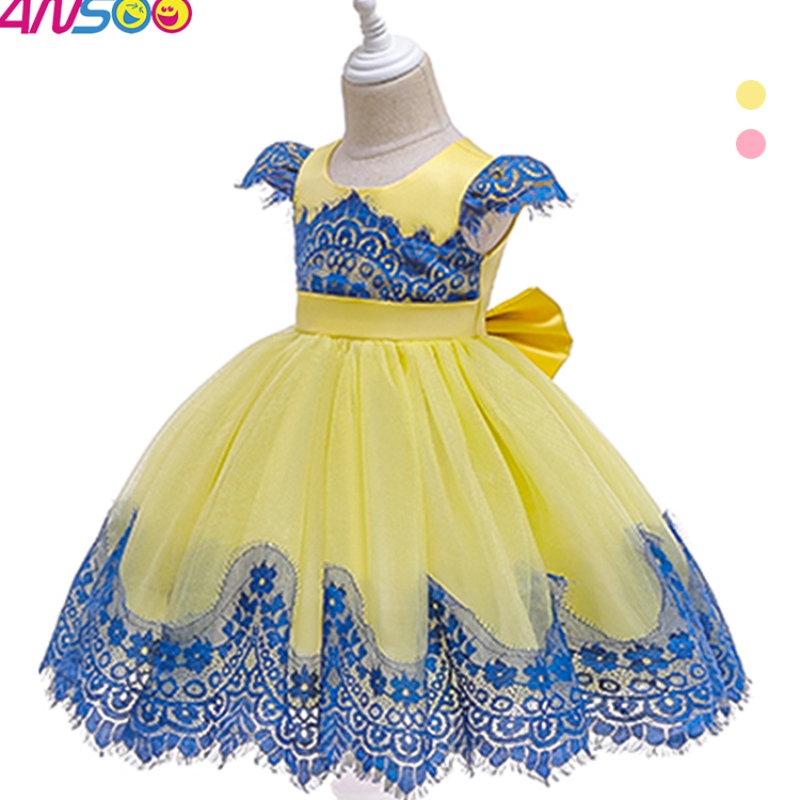 Ansoonuovi bambini Clash Color Ins Dress Paucile Princess Abito in pizzo con grande fiocco per 3-10 anni ragazza