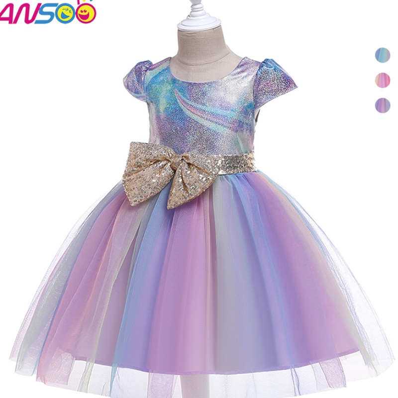 ANSSO Wholesale 2-12 anni Kids Bidler Flower Girls Abito Tutu Rainbow Principessa Birthday Bambini Abito da festa per bambini