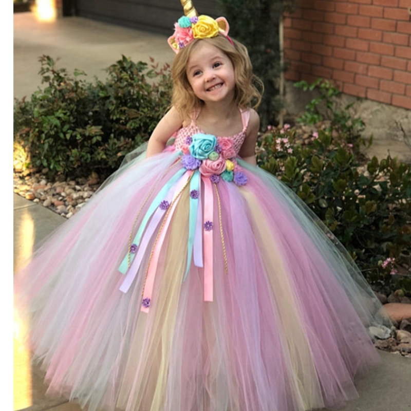 Kids Dress Dress Abito colorato Candy Mesh Party Dress Unicorn Gonna tutu per ragazze