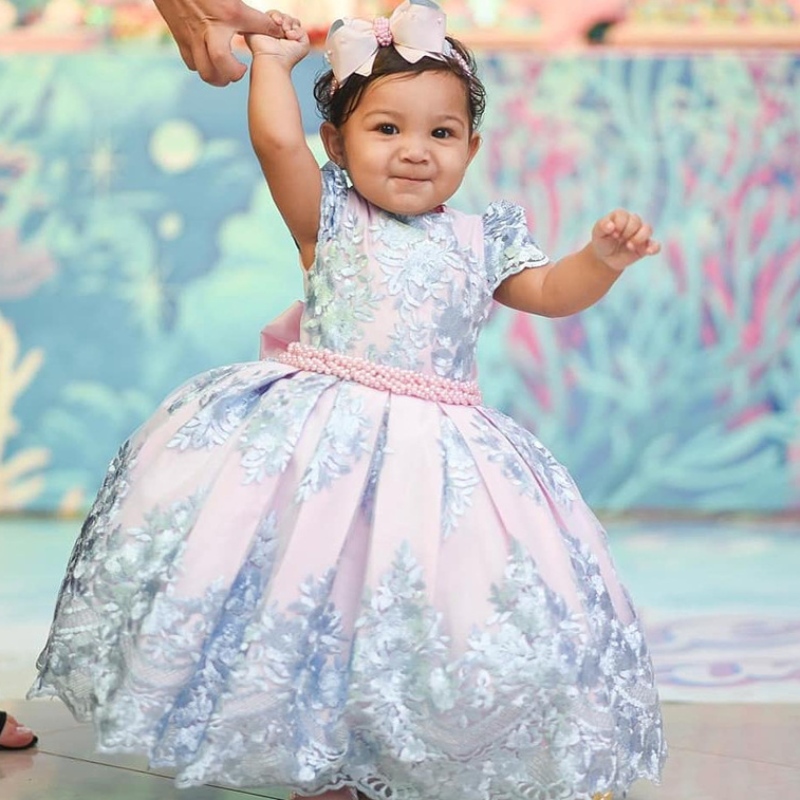 Girl Flower Stampato Abito da festa Elegante Tulle Bow Dress Abito da abbraccio da abbraccio da palla