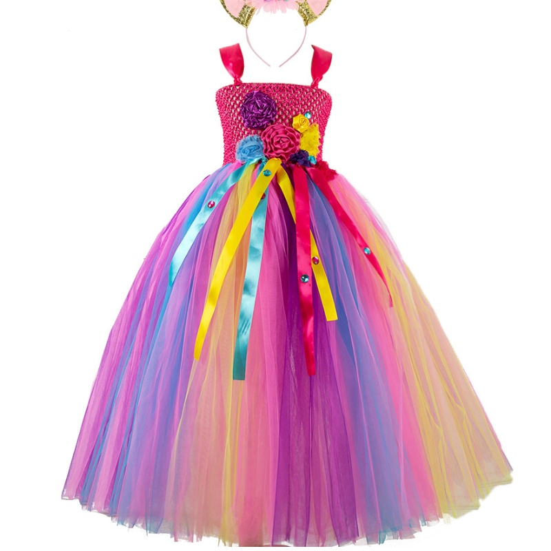 Girls Mesh Princess Dress Dress Pink Flower Party con copricapo