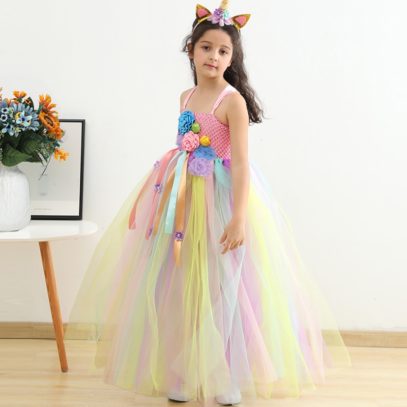 Girls Mesh Princess Dress Dress Pink Flower Party con copricapo
