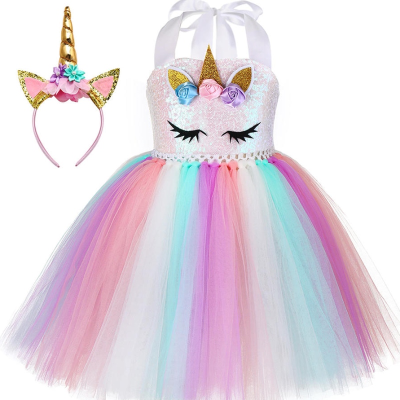 Kid toddler Girl Birthday Ball Ball Party Costume costume LED Light Up Rainbow Unicorn Fluffy Scolato Tulle Tutu Abito con fascia per la testa