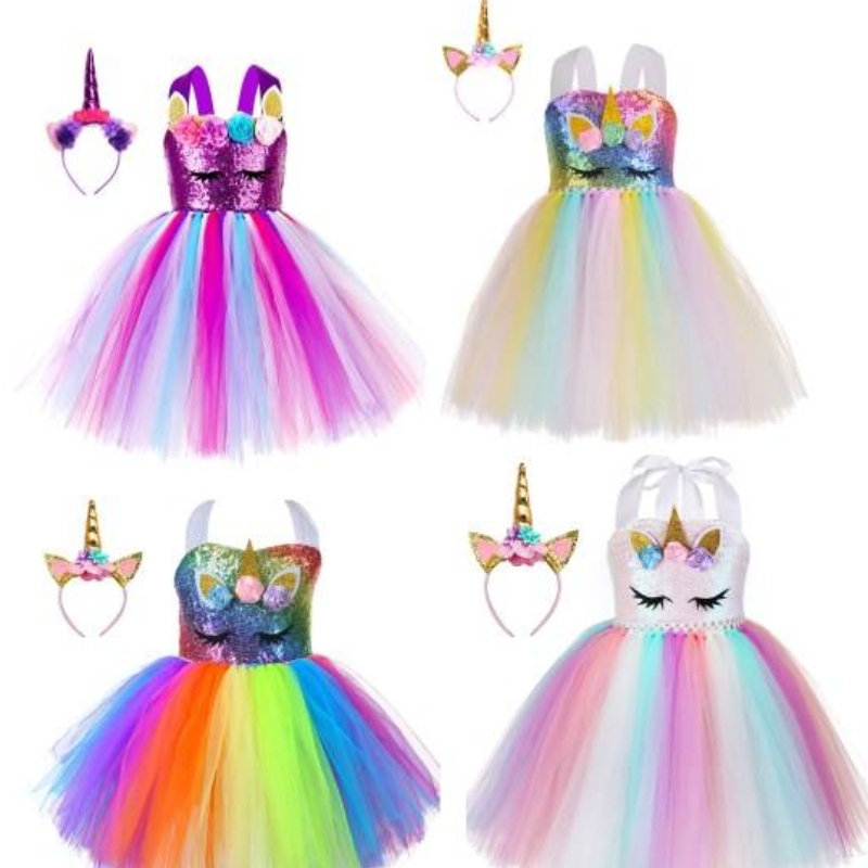 Kid toddler Girl Birthday Ball Ball Party Costume costume LED Light Up Rainbow Unicorn Fluffy Scolato Tulle Tutu Abito con fascia per la testa