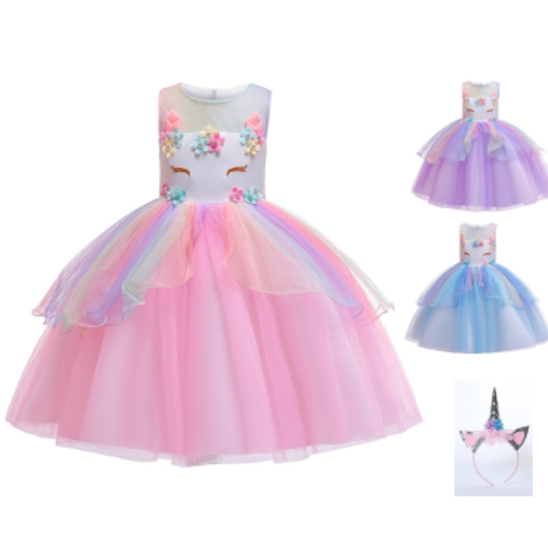 Performance Wear Unicorn Dress Up Abiti per le bambine Rainbow Unicorn Tuttu Abito costume con regalo di compleanno della fascia per la testa