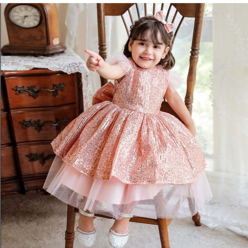 Baige Baby infant Girl Dress Baptism Dress Flower Nelogio Abito da abbigliamento con paillettes