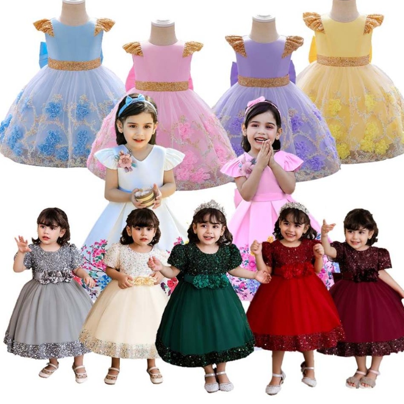 Baige Top Sale Girl Flower Girl Vesto a V-Neck Long Wedding Girl Abito da ballo sbuffy Birthing Ball