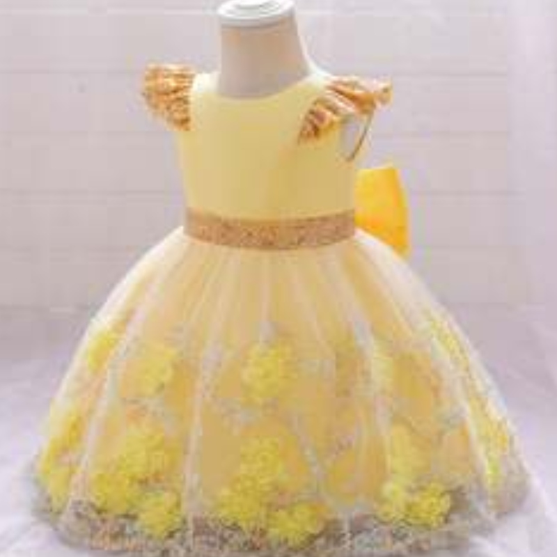 Baige Yellow Flower Girl Dress Kids Party Abitonuovo India Collezione Fancy Girl Party Dress L2021XZ