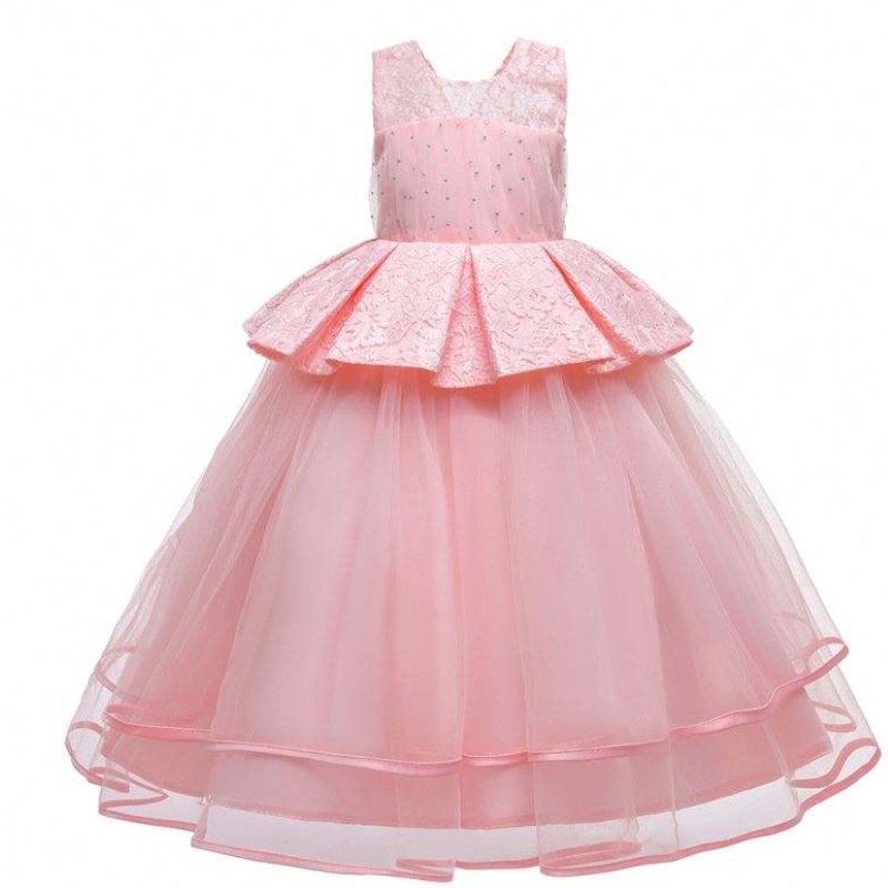 Baige Elegant Kids Long Dress Girls Children Long Abito Abito da sera Abiti lussuosi LP-275