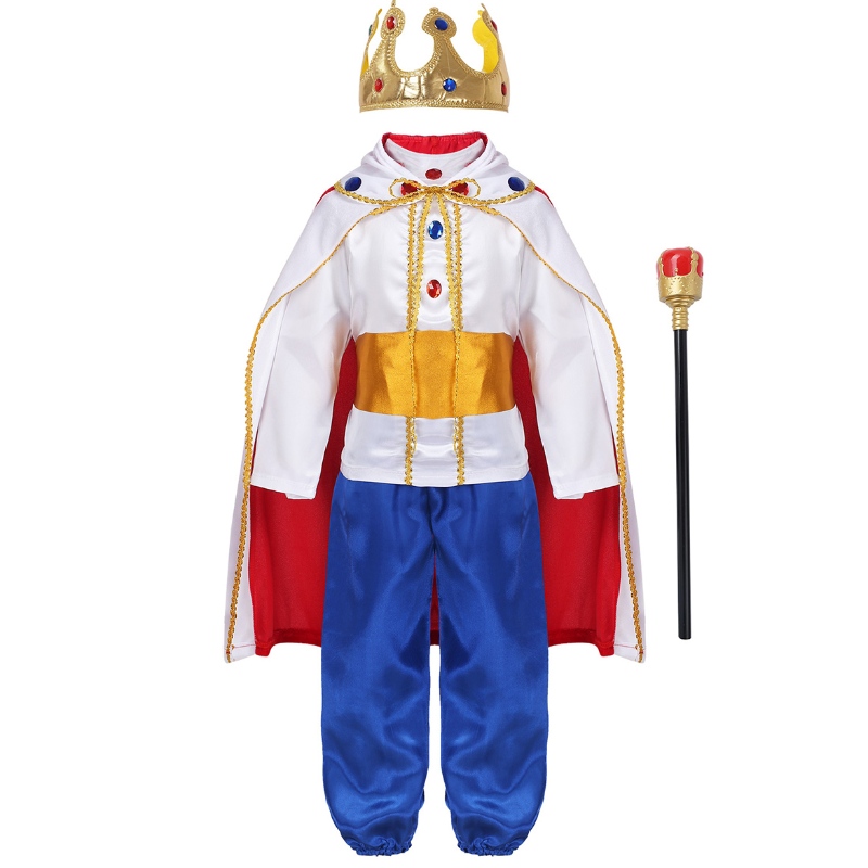 King Prince Costumes for Boys Kids Halloween Cosplay Dress Up Cloak Crown Scepter Set Carnival Roleplay Party Outfit