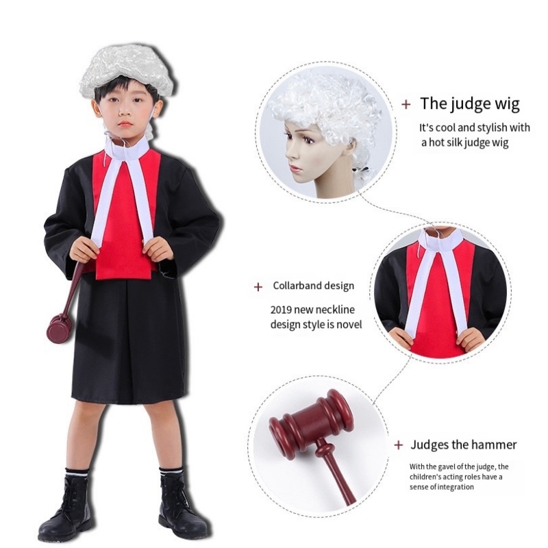 Costumi del giudice dei costumi per bambini con Wig Gavel Halloween Career Lawyer Costume per bambini